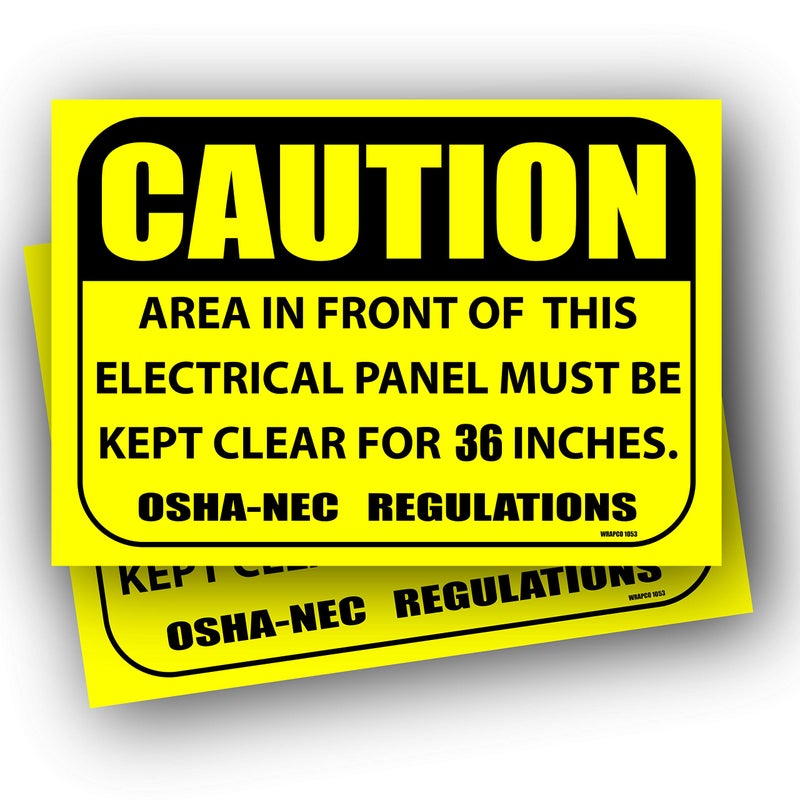 Wrapco (2 pack) Caution Area in Front of This Electrical Panel Must Be Kept Clear for 36 Inches Sign 7" x 10" self adhesive vinyl sticker decal - Image 1